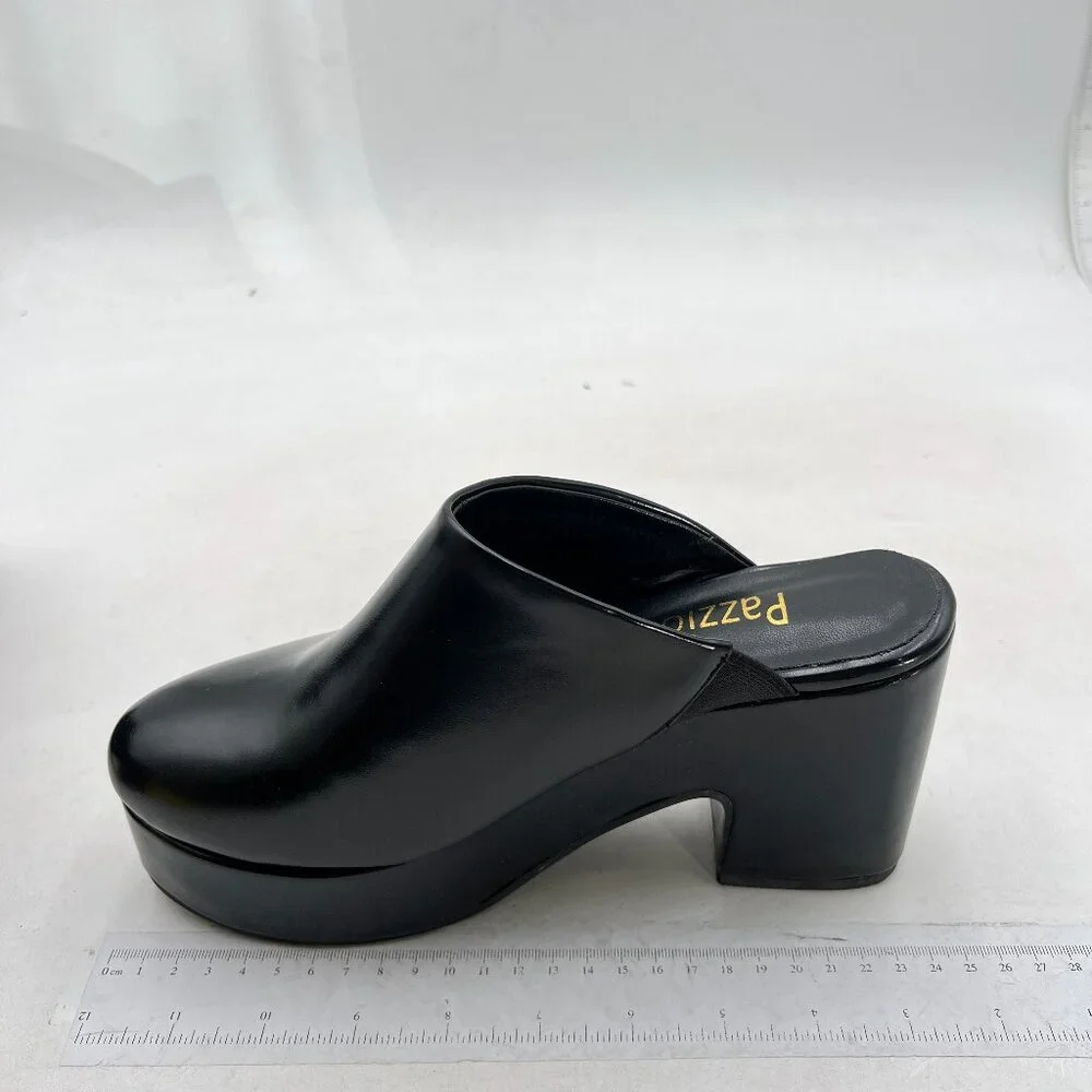 Pazzion Black Thick Platform Round Toe Clog Mule Slip On Block High Heel Slipper